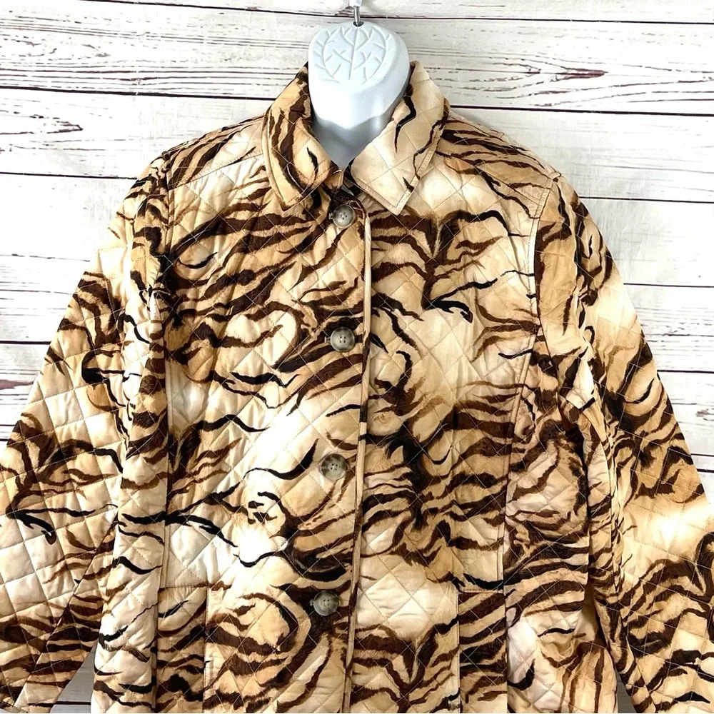 Chico's Jacket Women’s 4 US 20/22 Brown Tiger Prints Quilted Pockets Long Sleeve